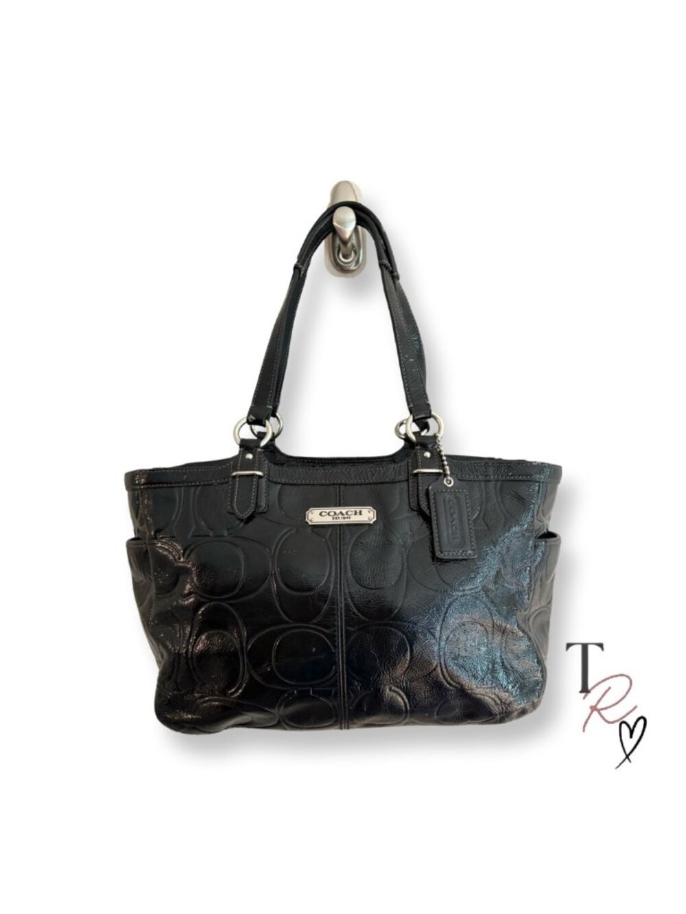 Y2K Coach Black Patent Leather Embossed Signature C Logo Gallery Tote Bag